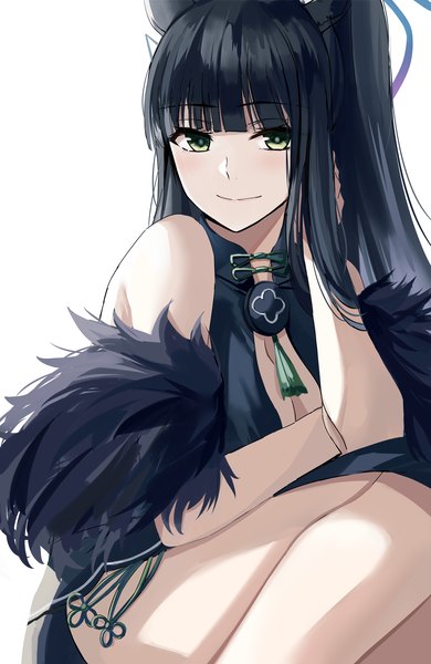 Anime picture 1200x1847 with blue archive shun (blue archive) nicky w single long hair tall image looking at viewer fringe breasts light erotic black hair simple background smile white background sitting green eyes animal ears payot cleavage ponytail
