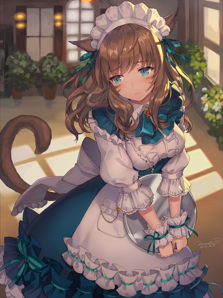Anime picture 1000x1333 with final fantasy final fantasy xiv square enix miqo'te momoko (momopoco) single long hair tall image blush fringe breasts hair between eyes brown hair large breasts standing holding signed animal ears payot looking away