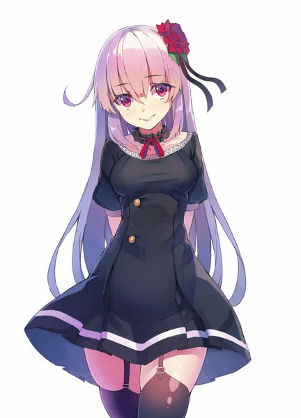 Anime-Bild 720x1000 mit original yasumo (kuusouorbital) single long hair tall image looking at viewer fringe breasts simple background smile standing white background pink hair pink eyes hair flower hands behind back girl thighhighs dress hair ornament