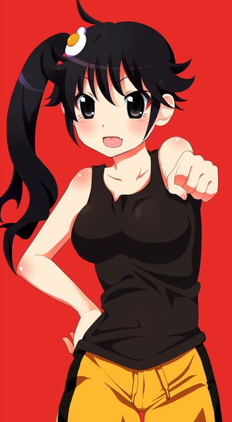 Anime picture 1000x1818 with nisemonogatari shaft (studio) monogatari (series) araragi karen mashimaro (masimarodaaaa) single long hair tall image looking at viewer blush open mouth black hair simple background bare shoulders ahoge black eyes hand on hip outstretched arm side ponytail red background