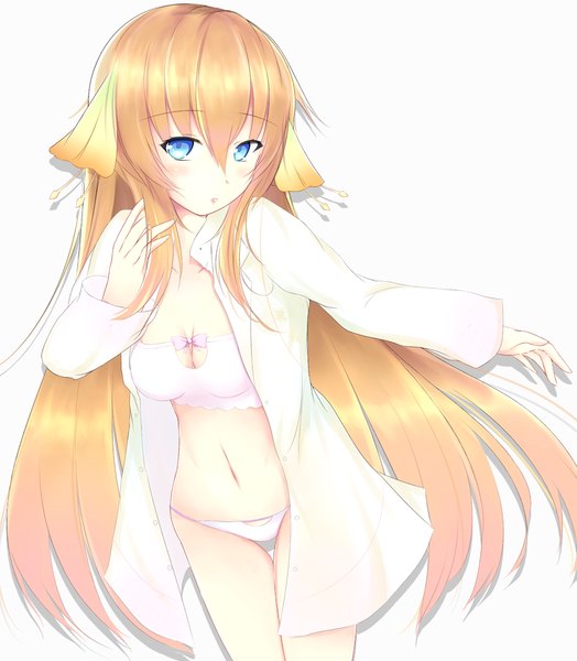 Anime picture 873x1000 with surge concerto: ciel nosurge gust (company) ionasal kkll preciel kirimoti34 single long hair tall image blush blue eyes light erotic simple background white background orange hair open clothes open shirt girl navel underwear panties shirt