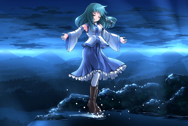 イラスト 1850x1240 と 東方 東風谷早苗 risutaru ソロ 長髪 赤面 highres 立つ cloud (clouds) 全身 outdoors eyes closed long sleeves green hair night wide sleeves night sky spread arms landscape 女の子