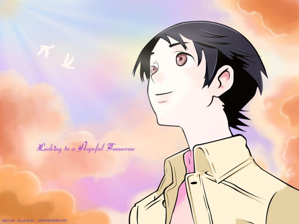 Anime picture 1600x1200 with blood+ production i.g otonashi saya single short hair black hair red eyes cloud (clouds) light smile looking up girl