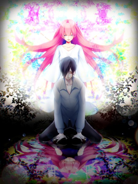 Anime picture 1500x2000 with vocaloid pixiv megurine luka kumogai long hair tall image fringe short hair open mouth blue eyes red eyes pink hair hair over one eye reflection girl boy shirt branch