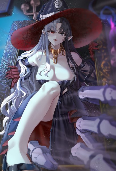 Anime picture 2500x3677 with original jisu lee single long hair tall image looking at viewer fringe highres breasts open mouth light erotic black hair red eyes large breasts bare shoulders silver hair bent knee (knees) multicolored hair pointy ears black eyes
