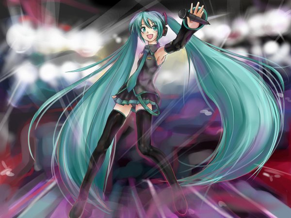 Anime picture 2700x2025 with vocaloid hatsune miku t@kumi long hair highres light erotic twintails very long hair aqua eyes aqua hair armpit (armpits) pantyshot striped girl thighhighs skirt underwear panties detached sleeves necktie