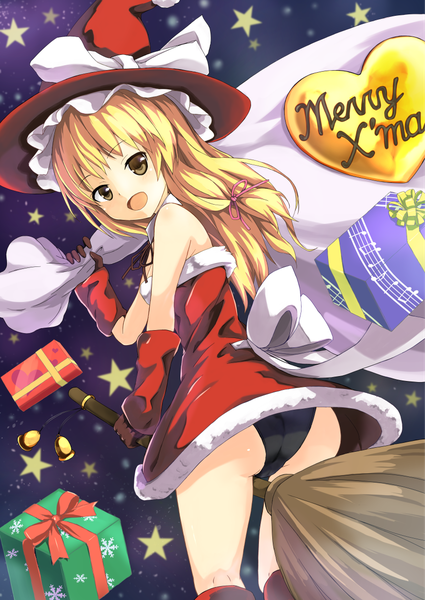 Anime picture 860x1214 with touhou kirisame marisa bluekalmia single long hair tall image looking at viewer blush fringe breasts open mouth light erotic blonde hair smile bare shoulders holding brown eyes ass head tilt :d