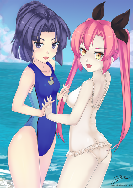 Anime picture 1085x1535 with original kin no tatchi (kanente) long hair tall image blush short hair light erotic smile purple eyes twintails multiple girls yellow eyes pink hair purple hair holding hands girl 2 girls swimsuit