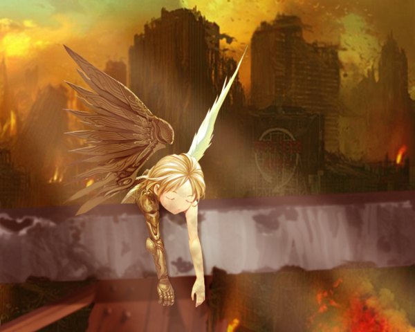 Anime picture 1280x1024 with saikano gonzo chise blonde hair eyes closed city angel wings ruins mechanical arms mechanical wings post-apocalyptic asymmetrical wings girl wings building (buildings)
