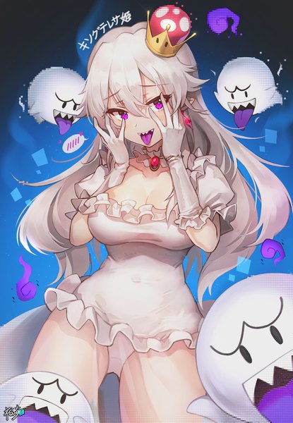 Anime picture 1513x2184 with super mario bros. new super mario bros. u deluxe princess king boo boo (mario) kyjsogom single long hair tall image looking at viewer blush fringe breasts open mouth light erotic simple background hair between eyes large breasts purple eyes signed cleavage