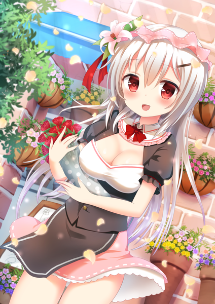 Anime picture 1013x1432 with original piripun single long hair tall image looking at viewer blush open mouth light erotic red eyes white hair girl dress flower (flowers) petals bonnet bouquet