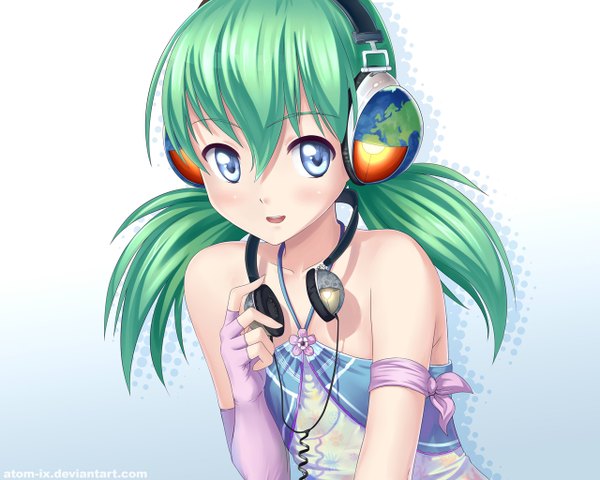 Anime picture 1280x1024 with original atomix single long hair looking at viewer blush blue eyes simple background bare shoulders green hair girl headphones