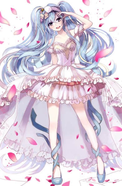 Anime picture 981x1500 with vocaloid hatsune miku asakaya (artist) single long hair tall image looking at viewer open mouth simple background white background blue hair black eyes girl dress petals
