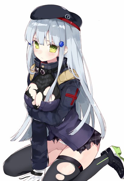 Anime picture 980x1429 with girls frontline hk416 (girls frontline) hasegawa (rarairairai) single long hair tall image looking at viewer blush fringe breasts light erotic simple background large breasts white background green eyes silver hair arm support torn clothes breast hold girl
