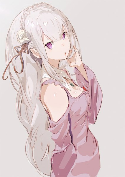 Anime picture 900x1272 with re:zero kara hajimeru isekai seikatsu white fox emilia (re:zero) so-bin single long hair tall image looking at viewer fringe simple background purple eyes payot silver hair braid (braids) parted lips hair flower from above pointy ears grey background wide sleeves