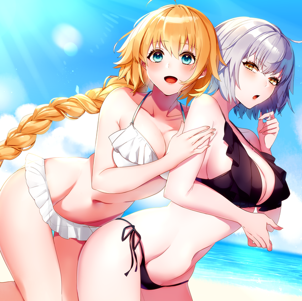 Anime picture 1387x1382 with fate (series) fate/grand order fate/apocrypha jeanne d'arc (fate) (all) jeanne d'arc alter (fate) jeanne d'arc (fate) neko-san (dim.dream) long hair looking at viewer blush fringe short hair breasts open mouth blue eyes light erotic blonde hair smile hair between eyes large breasts