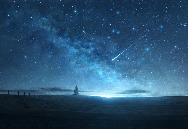 Anime picture 1514x1042 with original mks night night sky evening sunset horizon no people landscape scenic shooting star field milky way plant (plants) tree (trees) star (stars) fence