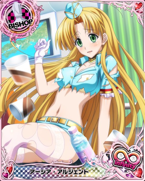 Anime picture 640x800 with highschool dxd asia argento single long hair tall image looking at viewer blush open mouth light erotic blonde hair green eyes torn clothes card (medium) girl thighhighs gloves white thighhighs shorts white gloves short shorts