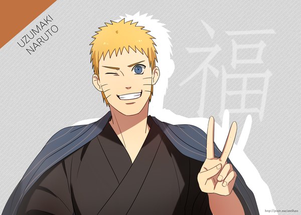 Anime picture 1538x1100 with naruto studio pierrot naruto (series) uzumaki naruto ahri (will) single looking at viewer short hair blue eyes blonde hair simple background smile signed upper body traditional clothes japanese clothes one eye closed wink grey background character names