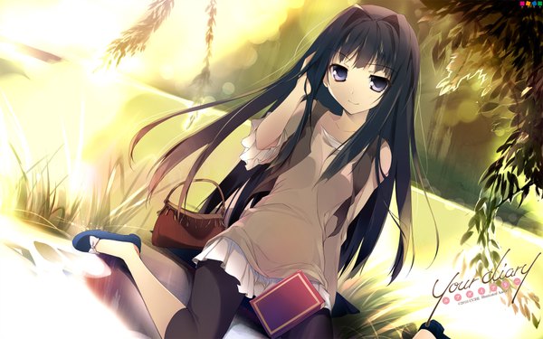 Anime picture 1920x1200 with your diary ayase sayuki kantoku karory single long hair highres black hair smile wide image purple eyes girl plant (plants) leggings