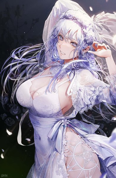 Anime picture 800x1223 with original kim eb single long hair tall image looking at viewer fringe light erotic hair between eyes standing cleavage white hair mole arms up mole under eye covered navel dark background side slit silver eyes clenched teeth