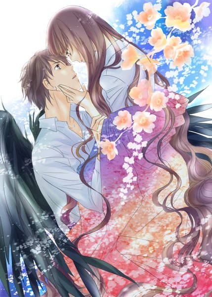 Anime picture 1065x1489 with rdg red data girl p.a. works suzuhara izumiko sagara miyuki sasago tall image fringe short hair brown hair brown eyes sky blunt bangs very long hair traditional clothes japanese clothes couple holding hands open collar face to face black wings