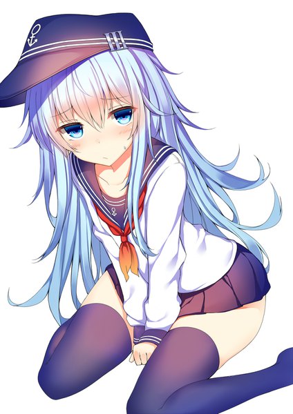 Anime picture 1208x1709 with kantai collection hibiki destroyer suteba (grzjkbhgf) single long hair tall image looking at viewer blush fringe blue eyes light erotic simple background hair between eyes white background sitting blue hair from above embarrassed wariza girl