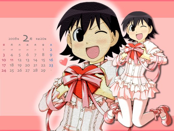 Anime picture 1024x768 with azumanga daioh j.c. staff takino tomo one eye closed wink valentine calendar 2008 girl ribbon (ribbons) frills heart calendar