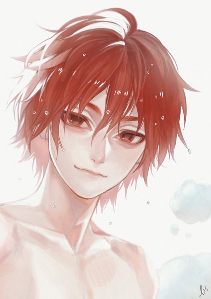 Anime picture 1492x2110 with inazuma eleven sasotsuka eiji fioletovyy single tall image looking at viewer fringe short hair simple background smile hair between eyes red eyes white background signed upper body red hair wet portrait topless boy