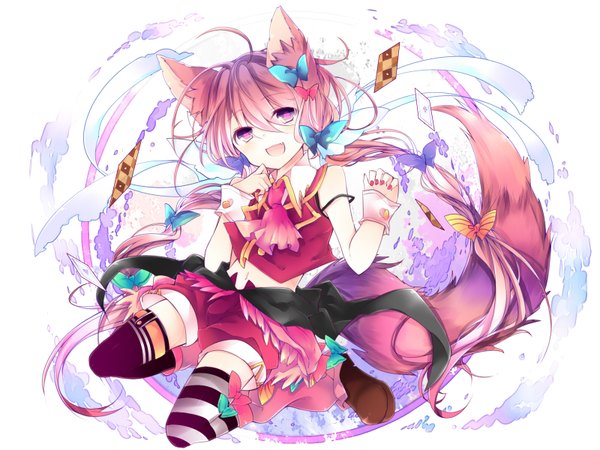 Anime picture 1600x1200 with original leeannpippisum single long hair looking at viewer open mouth brown hair purple eyes bare shoulders animal ears animal tail girl thighhighs dress bow hair bow card (cards)