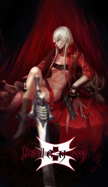 Anime picture 2198x3800 with devil may cry dante (devil may cry) kikira single long hair tall image highres light erotic sitting signed white hair profile blurry realistic inscription midriff depth of field copyright name no panties crossed legs