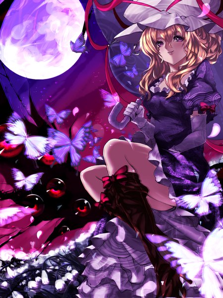 Anime picture 1000x1333 with touhou yakumo yukari karlwolf single long hair tall image blonde hair smile purple eyes eyes girl dress gloves elbow gloves white gloves insect butterfly moon umbrella knee boots