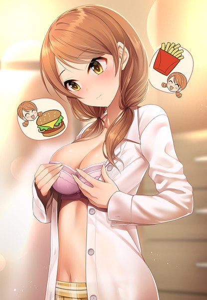 Anime picture 900x1300 with idolmaster idolmaster cinderella girls houjou karen kazu single long hair tall image blush breasts light erotic brown hair large breasts twintails yellow eyes open shirt low twintails looking down girl shirt food