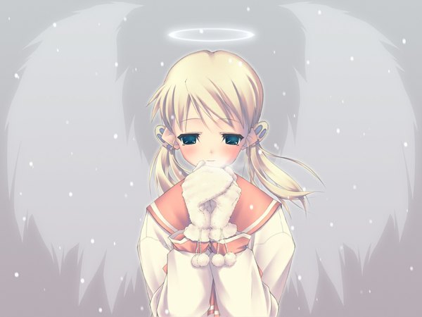 Anime picture 1024x768 with to heart 2 leaf (studio) sasamori karin long hair blonde hair twintails green eyes wind grey background low twintails looking down praying empty eyes girl uniform school uniform wings halo hair tie mittens