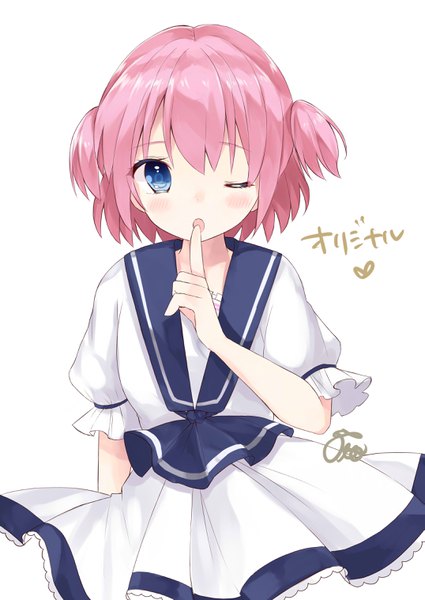 Anime picture 2149x3035 with original oto (piiko) single tall image looking at viewer blush highres short hair blue eyes simple background white background pink hair upper body one eye closed two side up puffy sleeves finger to mouth girl