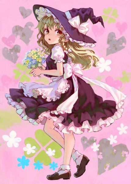 Anime picture 1296x1812 with touhou kirisame marisa ama-tou single long hair tall image blush open mouth blonde hair yellow eyes looking away braid (braids) single braid girl dress skirt flower (flowers) socks white socks apron