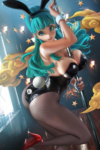 Anime picture 2333x3500 with dragon ball bulma sakimichan single long hair tall image looking at viewer blush fringe highres breasts light erotic smile large breasts standing animal ears cloud (clouds) ass indoors tail