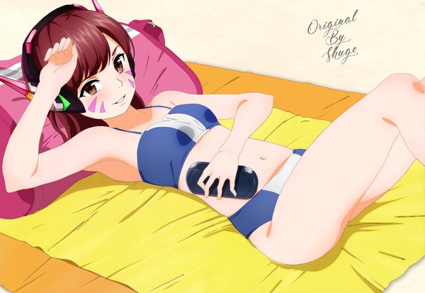 Anime picture 4356x3000 with overwatch blizzard entertainment d.va (overwatch) shugo19 single long hair looking at viewer highres breasts light erotic smile brown hair brown eyes signed absurdres lying armpit (armpits) on back beach facial mark
