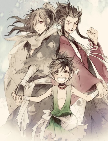 Anime picture 740x964 with dororo (tezuka) hyakkimaru (dororo) dororo (character) tahoumaru sugahara ryuu long hair tall image fringe short hair open mouth black hair smile red eyes brown eyes payot ponytail traditional clothes japanese clothes hair over one eye multiple boys