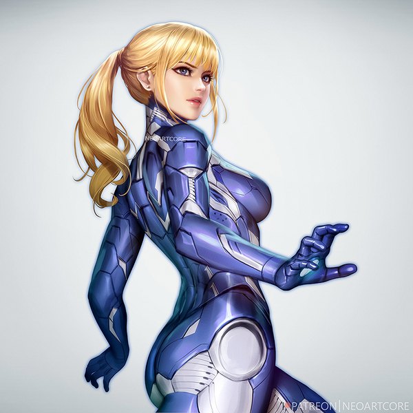 Anime picture 800x800 with iron man marvel comics pepper potts rescue (iron man) nudtawut thongmai single long hair fringe breasts blue eyes simple background blonde hair standing signed payot looking away ass ponytail blunt bangs parted lips