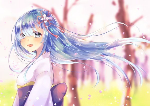 Anime picture 4299x3036 with re:zero kara hajimeru isekai seikatsu white fox rem (re:zero) hetchhog tw single long hair looking at viewer blush fringe highres breasts open mouth blue eyes hair between eyes blue hair absurdres upper body outdoors traditional clothes japanese clothes