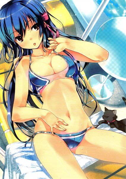 Anime picture 1236x1744 with original refeia single long hair tall image fringe breasts light erotic brown eyes blue hair cleavage legs bell collar adjusting swimsuit girl navel underwear panties ribbon (ribbons) swimsuit