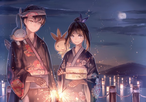 Anime picture 1717x1200 with pokemon pokemon special nintendo may (pokemon) mudkip torchic ruby (pokemon) zicai tang highres open mouth smile brown hair brown eyes cloud (clouds) traditional clothes japanese clothes night night sky gen 3 pokemon festival