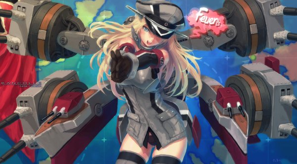 Anime picture 1810x1000 with kantai collection bismarck battleship tama sphere single long hair looking at viewer highres open mouth blue eyes light erotic blonde hair wide image inscription pointing at viewer speaking girl thighhighs gloves uniform weapon