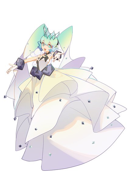 Anime-Bild 1000x1415 mit pokemon vocaloid nintendo project voltage hatsune miku rock miku (project voltage) indai (3330425) single tall image looking at viewer fringe open mouth simple background hair between eyes white background twintails full body :d aqua eyes aqua hair