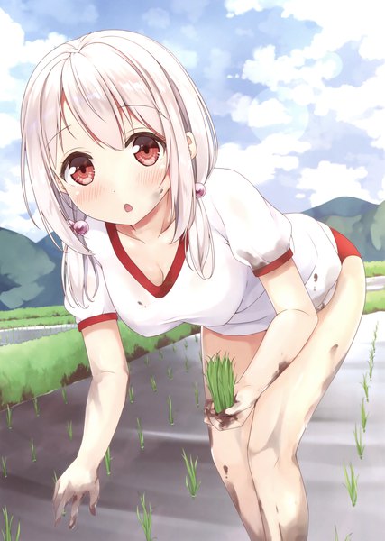 Anime picture 2489x3500 with original tisshu (karutamo) karutamo single long hair tall image looking at viewer blush highres open mouth red eyes sky cloud (clouds) white hair scan official art girl uniform plant (plants) gym uniform