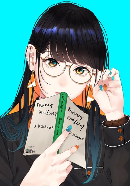 Anime picture 1668x2388 with original saitou (lynx-shrike) single long hair tall image looking at viewer fringe black hair simple background holding upper body blunt bangs long sleeves nail polish parted lips head tilt multicolored hair orange hair mole two-tone hair