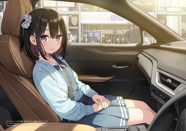 Anime picture 2048x1448 with original shizuku (kantoku) kantoku looking at viewer highres short hair black hair smile sitting nail polish pink eyes multicolored hair one side up text solo focus colored inner hair car interior girl scrunchie ground vehicle
