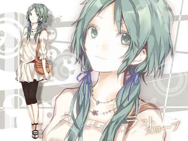 Anime picture 1024x768 with vocaloid hatsune miku arisaka ako single long hair smile twintails green eyes green hair casual fashion girl ribbon (ribbons) shoes jewelry bag necklace handbag leggings