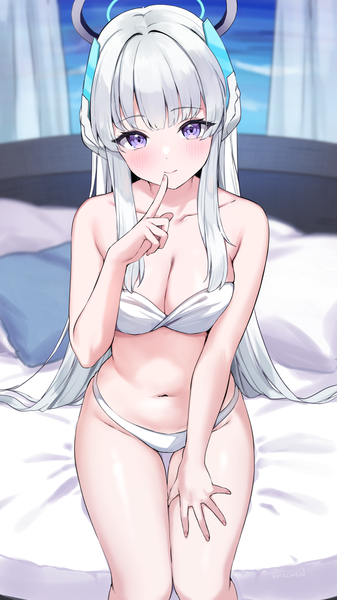 Anime picture 2652x4725 with blue archive noa (blue archive) kaetzchen single long hair tall image looking at viewer blush fringe highres breasts light erotic smile large breasts sitting purple eyes cleavage silver hair indoors blunt bangs